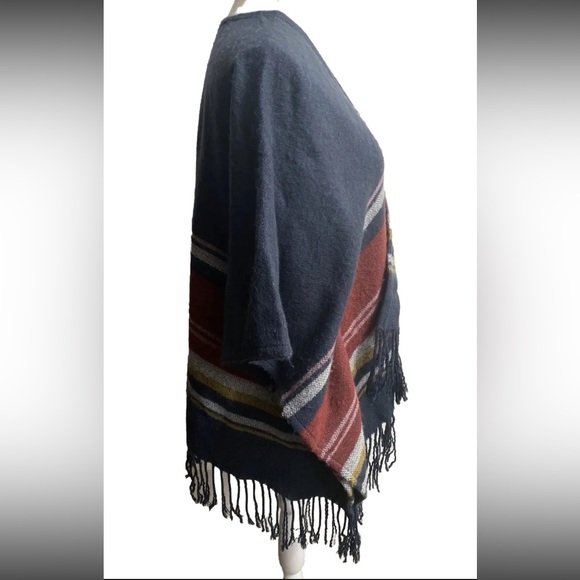 HOLLISTER Poncho Women's Navy Blue Multi Color Blanket Fringe Hem XS/S - Picture 4 of 10